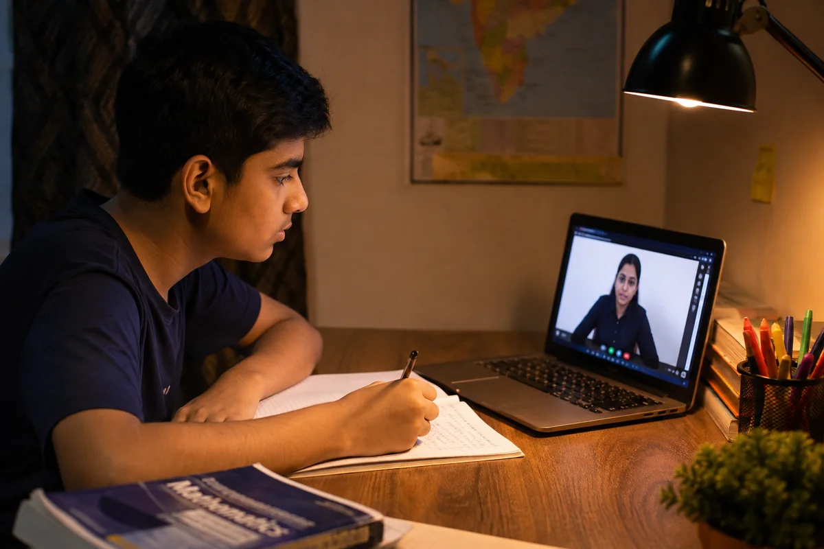 Student attending a live online PCM class from home, Grow Up Coaching Burari